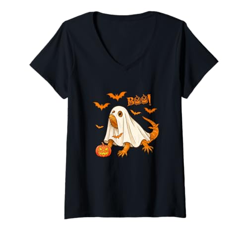 Damen Boo Halloween Bartdrache Cosplay Geist Niedlicher Tierliebhaber T-Shirt mit V-Ausschnitt Damen Boo Halloween Bartdrache Cosplay Geist Niedlicher Tierliebhaber T-Shirt mit V-Ausschnitt von Wild Animal Halloween Costume
