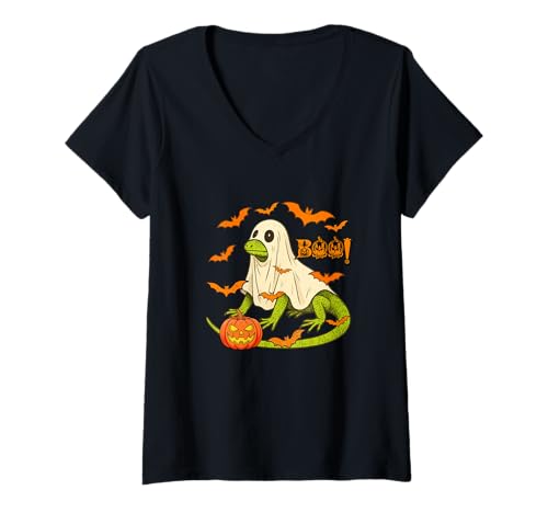 Damen Boo Halloween Eidechse Cosplay Geist Kostüm Tierliebhaber T-Shirt mit V-Ausschnitt Damen Boo Halloween Eidechse Cosplay Geist Kostüm Tierliebhaber T-Shirt mit V-Ausschnitt von Wild Animal Halloween Costume