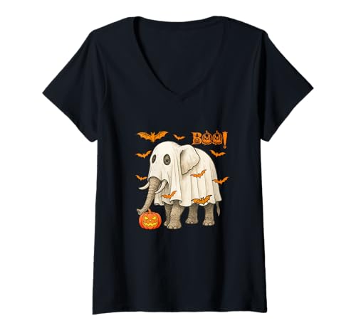 Damen Boo Halloween Elefant Cosplay Geist Kostüm Tierliebhaber T-Shirt mit V-Ausschnitt Damen Boo Halloween Elefant Cosplay Geist Kostüm Tierliebhaber T-Shirt mit V-Ausschnitt von Wild Animal Halloween Costume