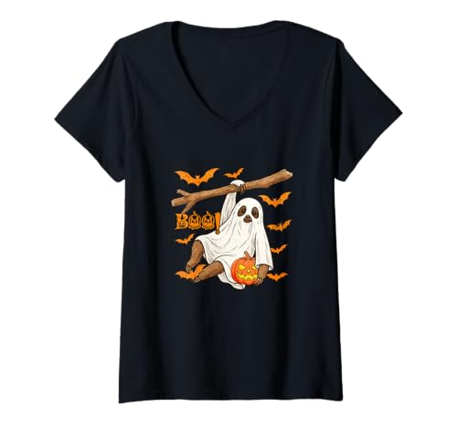Damen Boo Halloween Faultier Cosplay Geist Kostüm Tierliebhaber T-Shirt mit V-Ausschnitt Damen Boo Halloween Faultier Cosplay Geist Kostüm Tierliebhaber T-Shirt mit V-Ausschnitt von Wild Animal Halloween Costume