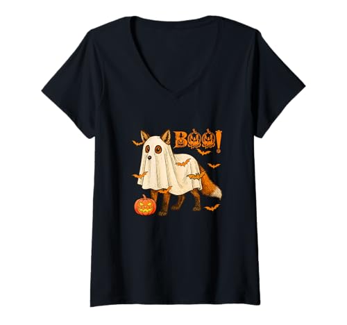 Damen Boo Halloween Fuchs Cosplay Geist Kostüm Tierliebhaber T-Shirt mit V-Ausschnitt Damen Boo Halloween Fuchs Cosplay Geist Kostüm Tierliebhaber T-Shirt mit V-Ausschnitt von Wild Animal Halloween Costume