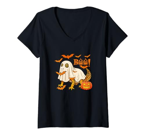 Damen Boo Halloween Gecko Cosplay Geist Kostüm Tierliebhaber T-Shirt mit V-Ausschnitt Damen Boo Halloween Gecko Cosplay Geist Kostüm Tierliebhaber T-Shirt mit V-Ausschnitt von Wild Animal Halloween Costume