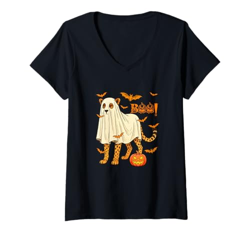 Damen Boo Halloween Gepard Cosplay Geist Kostüm Tierliebhaber T-Shirt mit V-Ausschnitt Damen Boo Halloween Gepard Cosplay Geist Kostüm Tierliebhaber T-Shirt mit V-Ausschnitt von Wild Animal Halloween Costume