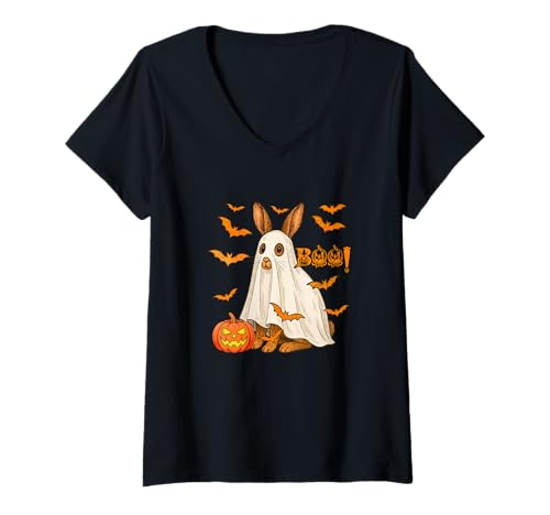 Damen Boo Halloween Kaninchen Cosplay Geist Kostüm Tierliebhaber T-Shirt mit V-Ausschnitt Damen Boo Halloween Kaninchen Cosplay Geist Kostüm Tierliebhaber T-Shirt mit V-Ausschnitt von Wild Animal Halloween Costume
