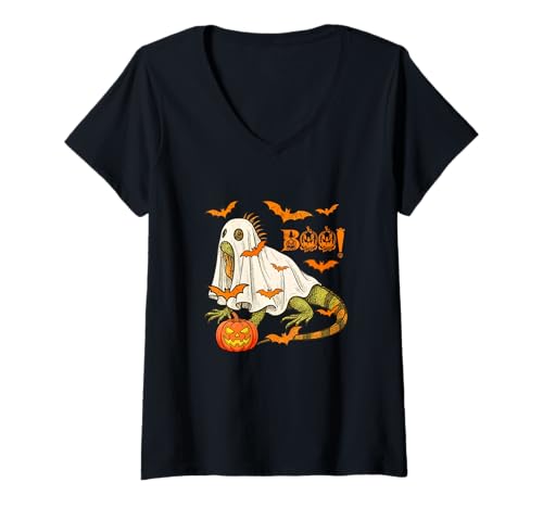 Damen Boo Halloween Leguan Cosplay Geist Kostüm Tierliebhaber T-Shirt mit V-Ausschnitt Damen Boo Halloween Leguan Cosplay Geist Kostüm Tierliebhaber T-Shirt mit V-Ausschnitt von Wild Animal Halloween Costume