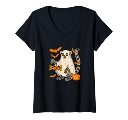 Damen Boo Halloween Lemur Cosplay Geist Kostüm Tierliebhaber T-Shirt mit V-Ausschnitt Damen Boo Halloween Lemur Cosplay Geist Kostüm Tierliebhaber T-Shirt mit V-Ausschnitt von Wild Animal Halloween Costume