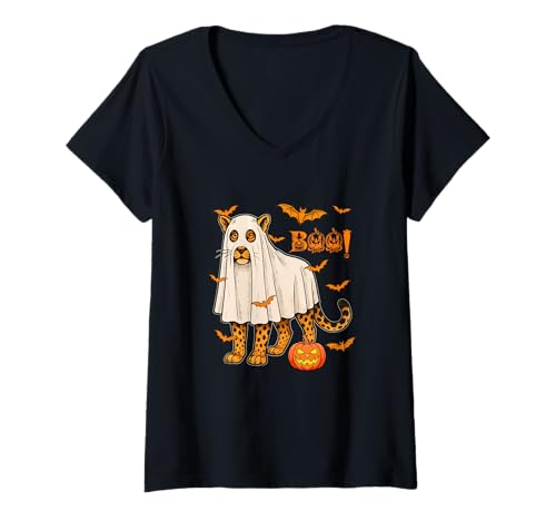 Damen Boo Halloween Leopard Cosplay Geist Kostüm Tierliebhaber T-Shirt mit V-Ausschnitt Damen Boo Halloween Leopard Cosplay Geist Kostüm Tierliebhaber T-Shirt mit V-Ausschnitt von Wild Animal Halloween Costume