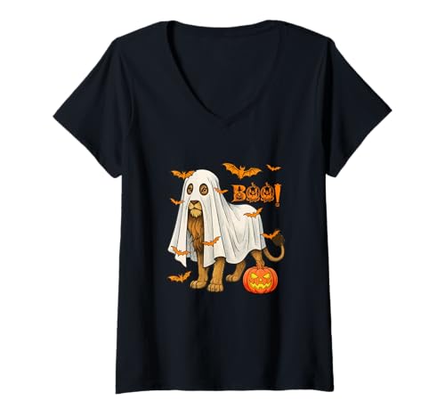 Damen Boo Halloween Löwe Cosplay Geist Kostüm Tierliebhaber T-Shirt mit V-Ausschnitt Damen Boo Halloween Löwe Cosplay Geist Kostüm Tierliebhaber T-Shirt mit V-Ausschnitt von Wild Animal Halloween Costume