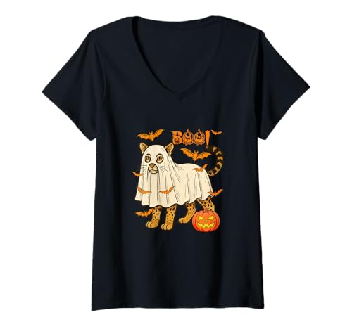 Damen Boo Halloween Ocelot Cosplay Geist Kostüm Tierliebhaber T-Shirt mit V-Ausschnitt Damen Boo Halloween Ocelot Cosplay Geist Kostüm Tierliebhaber T-Shirt mit V-Ausschnitt von Wild Animal Halloween Costume