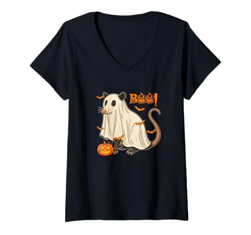 Damen Boo Halloween Opossum Cosplay Geist Kostüm Tierliebhaber T-Shirt mit V-Ausschnitt Damen Boo Halloween Opossum Cosplay Geist Kostüm Tierliebhaber T-Shirt mit V-Ausschnitt von Wild Animal Halloween Costume
