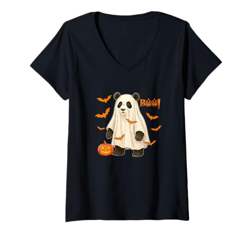 Damen Boo Halloween Panda Cosplay Geist Kostüm Tierliebhaber T-Shirt mit V-Ausschnitt Damen Boo Halloween Panda Cosplay Geist Kostüm Tierliebhaber T-Shirt mit V-Ausschnitt von Wild Animal Halloween Costume