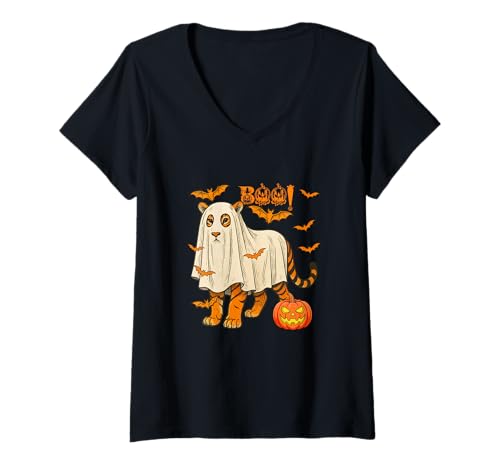 Damen Boo Halloween Tiger Cosplay Geist Kostüm Tierliebhaber T-Shirt mit V-Ausschnitt Damen Boo Halloween Tiger Cosplay Geist Kostüm Tierliebhaber T-Shirt mit V-Ausschnitt von Wild Animal Halloween Costume