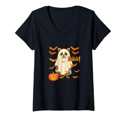 Damen Boo Halloween Waschbär Cosplay Geist Kostüm Tierliebhaber T-Shirt mit V-Ausschnitt Damen Boo Halloween Waschbär Cosplay Geist Kostüm Tierliebhaber T-Shirt mit V-Ausschnitt von Wild Animal Halloween Costume