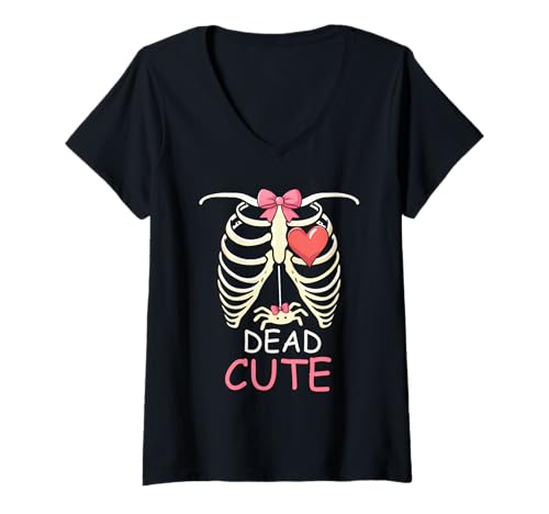 Damen Dead Halloween Joke Spider Inside Skeleton Rib Cage Bow Tie T-Shirt mit V-Ausschnitt von Wild Animal Halloween Costume