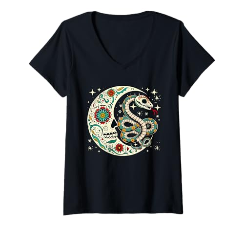 Damen Dia De Los Muertos Halloween Mond Floral Skelett Schlange T-Shirt mit V-Ausschnitt Damen Dia De Los Muertos Halloween Mond Floral Skelett Schlange T-Shirt mit V-Ausschnitt von Wild Animal Halloween Costume