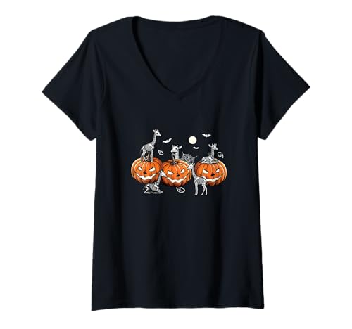Damen Gruppenskelett Giraffen auf geschnitzten Kürbissen Halloween Farmer T-Shirt mit V-Ausschnitt Damen Gruppenskelett Giraffen auf geschnitzten Kürbissen Halloween Farmer T-Shirt mit V-Ausschnitt von Wild Animal Halloween Costume