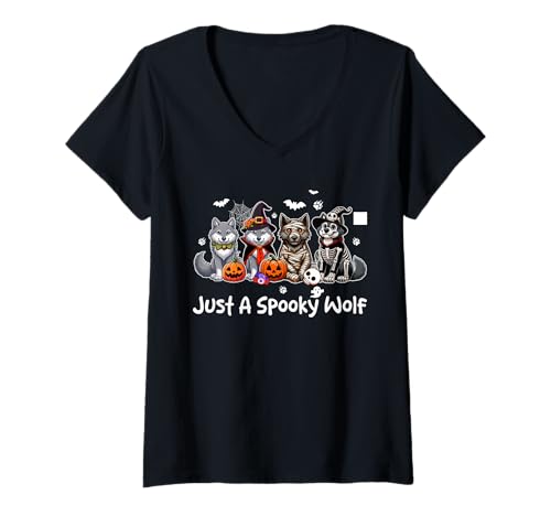 Damen Just A Spooky Halloween Wolf Group Wolve As Witch Mummy T-Shirt mit V-Ausschnitt Damen Just A Spooky Halloween Wolf Group Wolve As Witch Mummy T-Shirt mit V-Ausschnitt von Wild Animal Halloween Costume