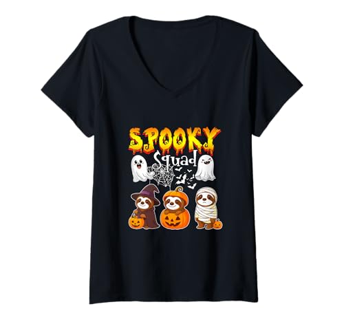 Damen Spooky Halloween Squad Three Cute Sloths Cosplay Witch T-Shirt mit V-Ausschnitt Damen Spooky Halloween Squad Three Cute Sloths Cosplay Witch T-Shirt mit V-Ausschnitt von Wild Animal Halloween Costume