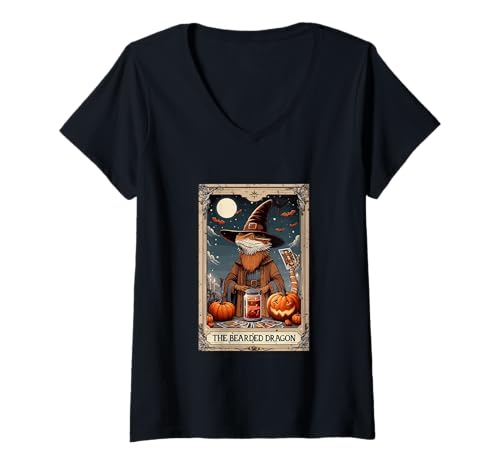 Damen The Bearded Dragon Halloween Witch Cute Tarot Card Lover T-Shirt mit V-Ausschnitt Damen The Bearded Dragon Halloween Witch Cute Tarot Card Lover T-Shirt mit V-Ausschnitt von Wild Animal Halloween Costume