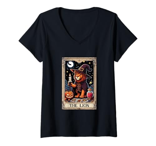 Damen The Lion Halloween Witch Cute Tarot Card Lover Player T-Shirt mit V-Ausschnitt Damen The Lion Halloween Witch Cute Tarot Card Lover Player T-Shirt mit V-Ausschnitt von Wild Animal Halloween Costume