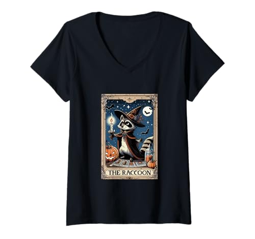 Damen The Raccoon Halloween Witch Cute Tarot Card Lover Player T-Shirt mit V-Ausschnitt Damen The Raccoon Halloween Witch Cute Tarot Card Lover Player T-Shirt mit V-Ausschnitt von Wild Animal Halloween Costume