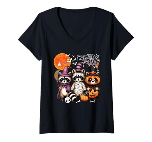 Damen Three Halloween Raccoons Cosplay Witch Mummy Carved Pumpkin T-Shirt mit V-Ausschnitt Damen Three Halloween Raccoons Cosplay Witch Mummy Carved Pumpkin T-Shirt mit V-Ausschnitt von Wild Animal Halloween Costume