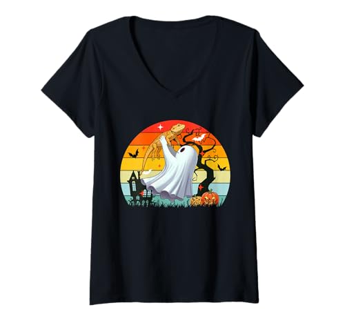Damen Vintage Retro Boo Ghost Hunging Bearded Dragon Halloween T-Shirt mit V-Ausschnitt Damen Vintage Retro Boo Ghost Hunging Bearded Dragon Halloween T-Shirt mit V-Ausschnitt von Wild Animal Halloween Costume