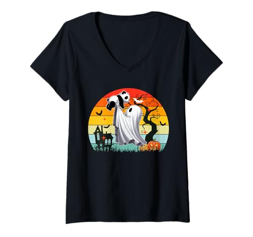 Damen Vintage Retro Boo Ghost Hunging Panda Halloween Family T-Shirt mit V-Ausschnitt Damen Vintage Retro Boo Ghost Hunging Panda Halloween Family T-Shirt mit V-Ausschnitt von Wild Animal Halloween Costume