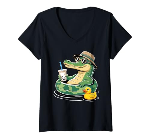 Damen Alligator Boba Perlen Milchtee Gator Alligatoren T-Shirt mit V-Ausschnitt Damen Alligator Boba Perlen Milchtee Gator Alligatoren T-Shirt mit V-Ausschnitt von Wild Animal Lover Gifts