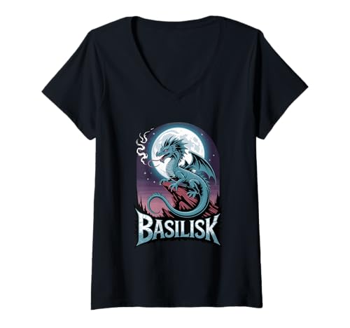 Damen Basilisk Drache Kreatur Mythisches Monster Mondlicht T-Shirt mit V-Ausschnitt Damen Basilisk Drache Kreatur Mythisches Monster Mondlicht T-Shirt mit V-Ausschnitt von Wild Animal Lover Gifts