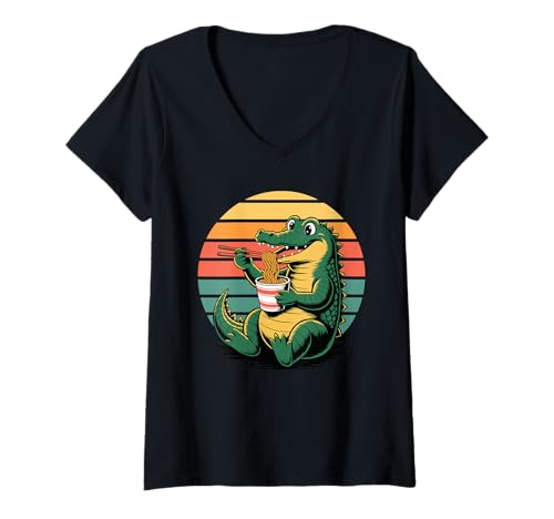 Damen Retro Alligator Becher Nudeln Alligatoren T-Shirt mit V-Ausschnitt Damen Retro Alligator Becher Nudeln Alligatoren T-Shirt mit V-Ausschnitt von Wild Animal Lover Gifts