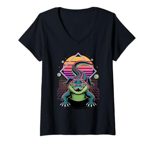 Damen Retro Synthwave Alligator Gator Alligatoren T-Shirt mit V-Ausschnitt Damen Retro Synthwave Alligator Gator Alligatoren T-Shirt mit V-Ausschnitt von Wild Animal Lover Gifts