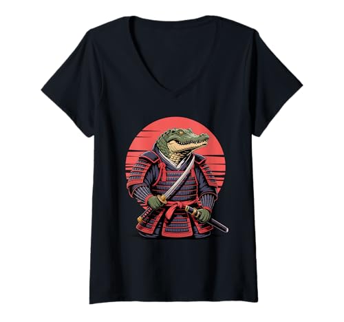 Damen Samurai Alligator Schwert Gator Alligatoren T-Shirt mit V-Ausschnitt Damen Samurai Alligator Schwert Gator Alligatoren T-Shirt mit V-Ausschnitt von Wild Animal Lover Gifts