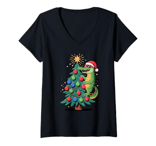 Damen Weihnachtsbaum Alligator Sonnenbrille Gator Alligatoren T-Shirt mit V-Ausschnitt Damen Weihnachtsbaum Alligator Sonnenbrille Gator Alligatoren T-Shirt mit V-Ausschnitt von Wild Animal Lover Gifts