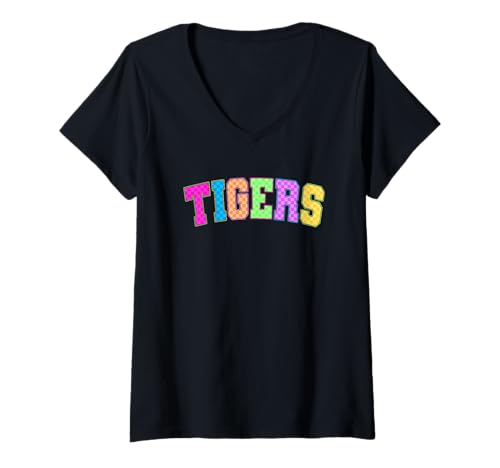 Damen Lebendiger Tiger-Schriftzug im lustigen Stil T-Shirt mit V-Ausschnitt Damen Lebendiger Tiger-Schriftzug im lustigen Stil T-Shirt mit V-Ausschnitt von Wild Animal Pride Colorful Checkered