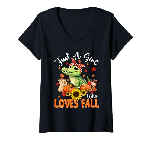 Damen A Girl Loves Fall Thanksgiving Signs Alligator Bow Tie T-Shirt mit V-Ausschnitt von Wild Animal Thanksgiving Costume