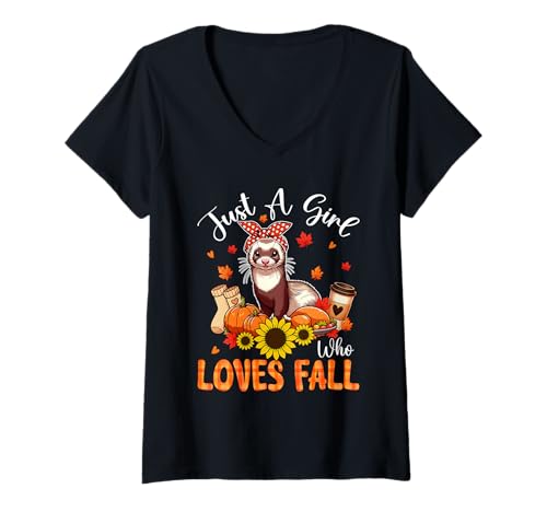 Damen A Girl Loves Fall Thanksgiving Signs Ferret Bow Tie Autumn T-Shirt mit V-Ausschnitt von Wild Animal Thanksgiving Costume