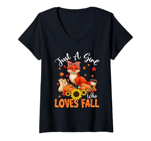 Damen A Girl Loves Fall Thanksgiving Signs Fox Bow Tie Autumn T-Shirt mit V-Ausschnitt von Wild Animal Thanksgiving Costume