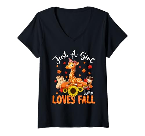 Damen A Girl Loves Fall Thanksgiving Signs Giraffe Bow Tie Autumn T-Shirt mit V-Ausschnitt von Wild Animal Thanksgiving Costume