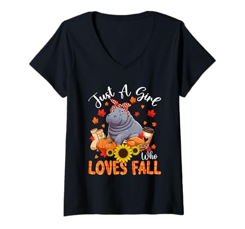 Damen A Girl Loves Fall Thanksgiving Signs Hippo Bow Tie Autumn T-Shirt mit V-Ausschnitt von Wild Animal Thanksgiving Costume