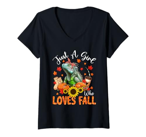 Damen A Girl Loves Fall Thanksgiving Signs Iguana Bow Tie Autumn T-Shirt mit V-Ausschnitt von Wild Animal Thanksgiving Costume