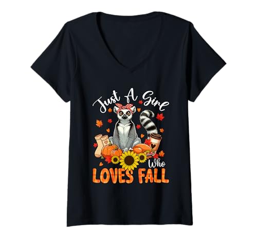 Damen A Girl Loves Fall Thanksgiving Signs Lemur Bow Tie Autumn T-Shirt mit V-Ausschnitt von Wild Animal Thanksgiving Costume