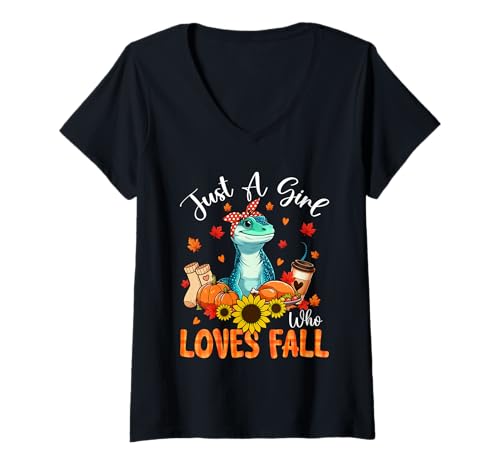 Damen A Girl Loves Fall Thanksgiving Signs Lizard Bow Tie Autumn T-Shirt mit V-Ausschnitt von Wild Animal Thanksgiving Costume