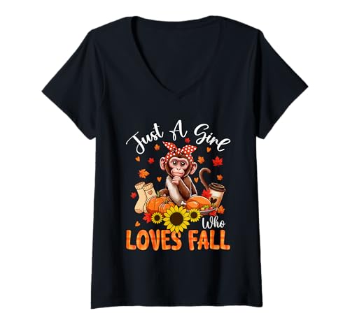 Damen A Girl Loves Fall Thanksgiving Signs Monkey Bow Tie Autumn T-Shirt mit V-Ausschnitt von Wild Animal Thanksgiving Costume