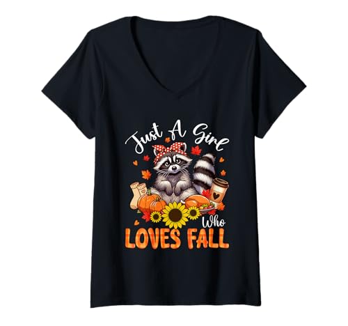 Damen A Girl Loves Fall Thanksgiving Signs Raccoon Bow Tie Autumn T-Shirt mit V-Ausschnitt von Wild Animal Thanksgiving Costume