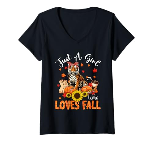 Damen A Girl Loves Fall Thanksgiving Signs Tiger Bow Tie Autumn T-Shirt mit V-Ausschnitt von Wild Animal Thanksgiving Costume