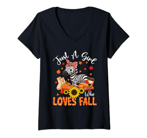 Damen A Girl Loves Fall Thanksgiving Signs Zebra Bow Tie Autumn T-Shirt mit V-Ausschnitt von Wild Animal Thanksgiving Costume