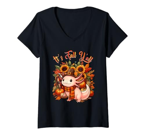 Damen Fall Y'all Thanksgiving Axolotl Colorful Floral Pumpkins T-Shirt mit V-Ausschnitt von Wild Animal Thanksgiving Costume