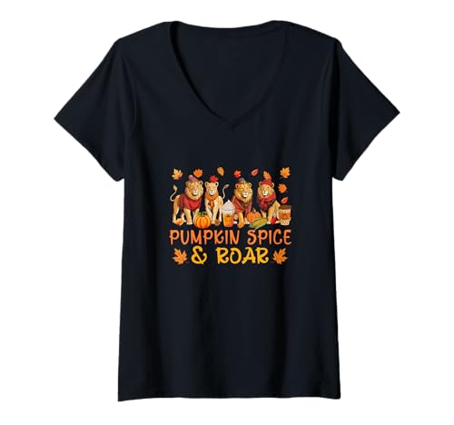 Damen Pumpkin Spice Thanksgiving Group Lions Sound Farmer Pilgrim T-Shirt mit V-Ausschnitt von Wild Animal Thanksgiving Costume