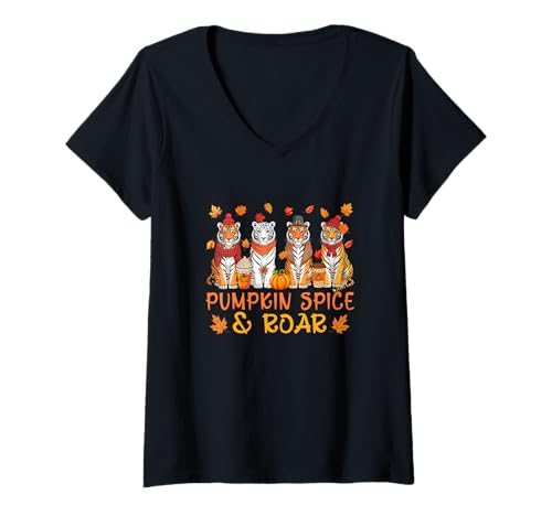 Damen Pumpkin Spice Thanksgiving Group Tigers Sound Farmer Pilgrim T-Shirt mit V-Ausschnitt von Wild Animal Thanksgiving Costume